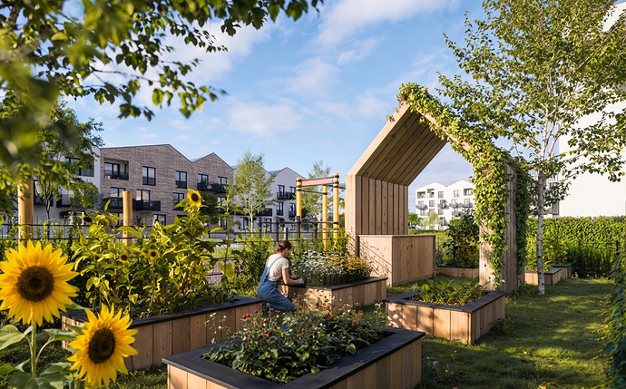 A professional, hyper-realistic architectural photograph of a communal urban garden. A woman in denim overalls is kneeling, tending to wildflowers in a weathered cedar raised planter. In the foreground, vibrant sunflowers and strawberry pla