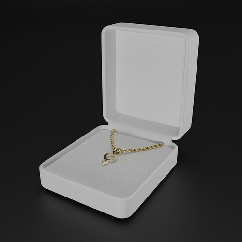 Gold female Venus symbol pendant in a white jewelry box rendered in Cycles