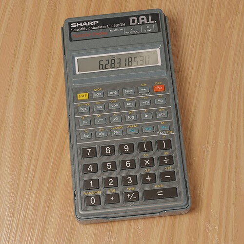 Sharp DAL calculator on top of wooden surface—top view