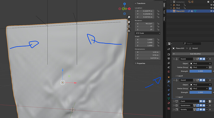 Cloth Modifier - I'm trying to add two hooks but it doesn't work ...