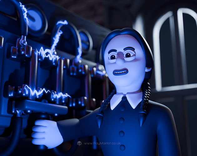 Wednesday Addams looking gleeful, with her hand on an electrical switch with electrical bolts on it.