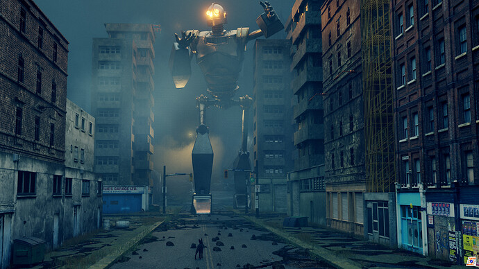 Giant robot in apocalyptic street