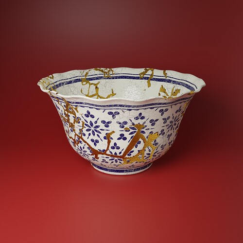 Cracked decorated porcelain cup with gold fill kintsugi on a red background