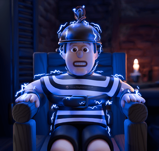 Medium close-up of Pugsley Addams sat in an electric chair with electrical bolts covering his skin.