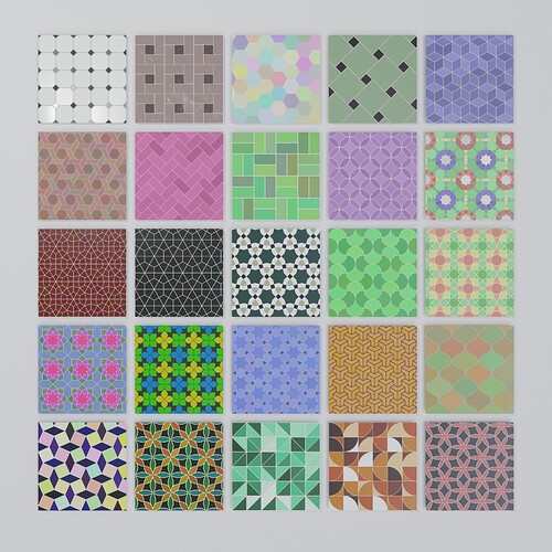 Multiple procedural geometric tile patterns in a variety of colors