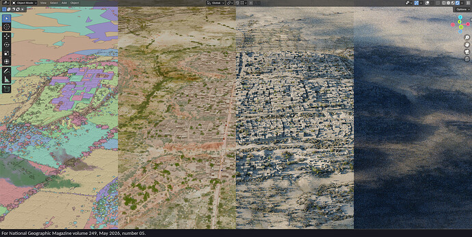 4 views of the city: workbench, color, diffuse, and volume.