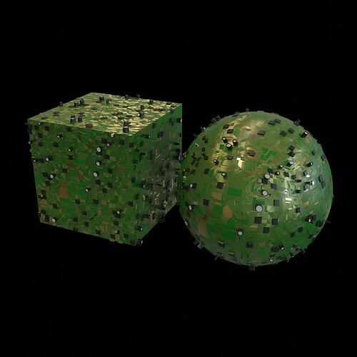 Procedurally generated circuit board material on a cube and a sphere