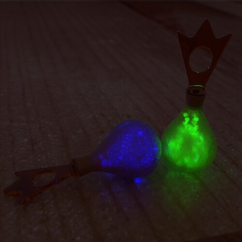 Two Yellow Bottles with Lights off (Orbs: Strong Blue and Green)