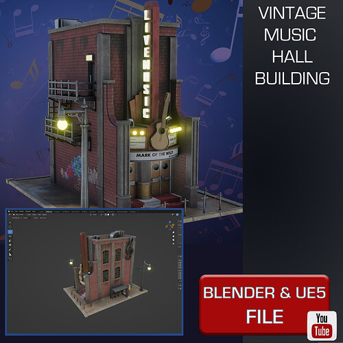 Blender 3  Unreal Engine 5  Vintage Music Hall Building  Game Design DOWNLOAD