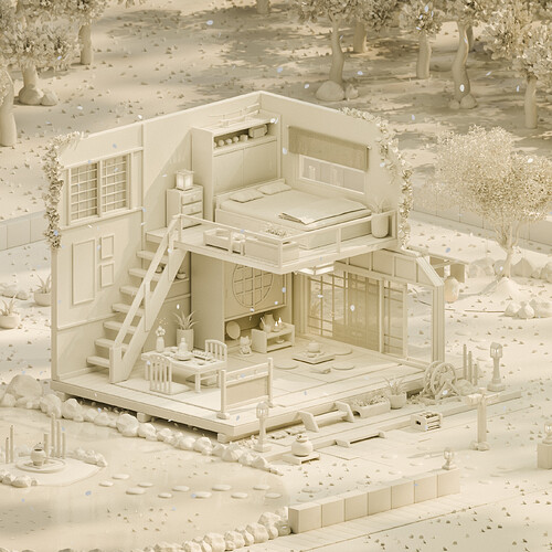 Cozy Minka House Clay Render