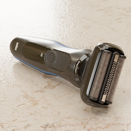 Top to bottom perspective render of a Braun S5 razor resting on a countertop surface