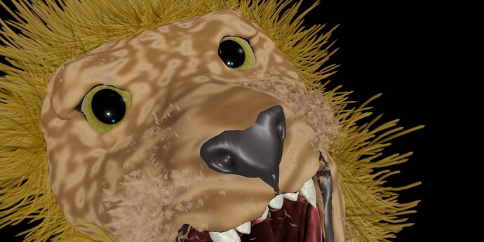 Close rendering of the face, detailing his eyes, muzzle, teeth, fur and skin