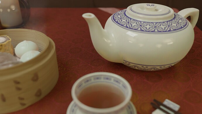 Close-up cycles render of dim sum and tea, focusing on the teapot