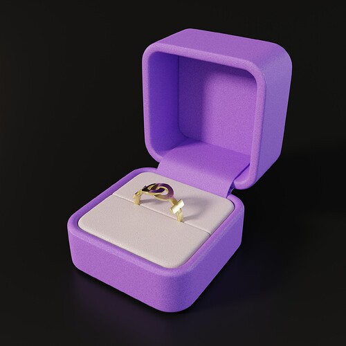 Female-Female linked wedding band in gold with a purple ring box