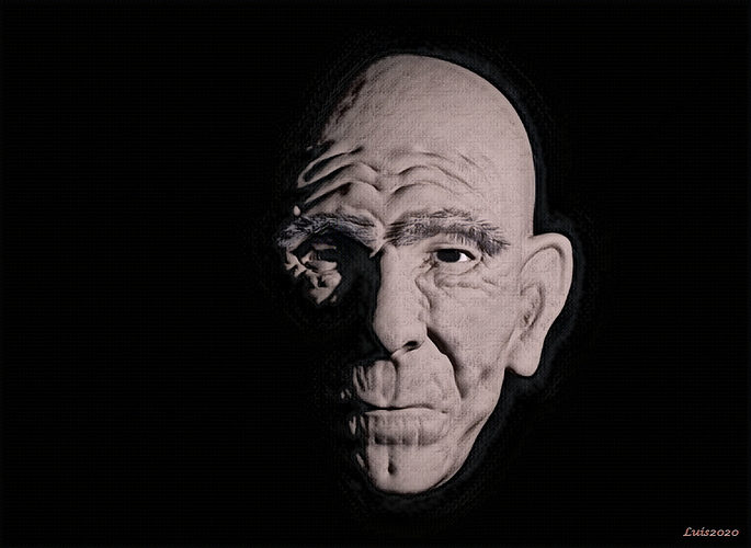 old man with wrinkles shadows on canvas