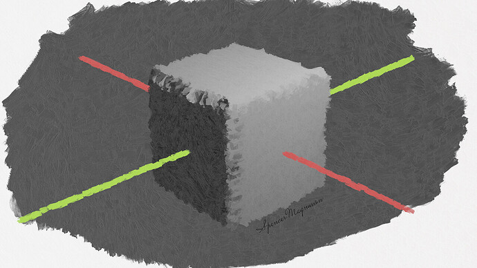 Default Cube, rendered like a painting, with a red and green lines representing the X and Y axes, signed "Spencer Magnusson"