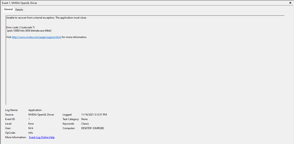 Не удается найти описание для идентификатора события 1 из источника nvidia opengl driver