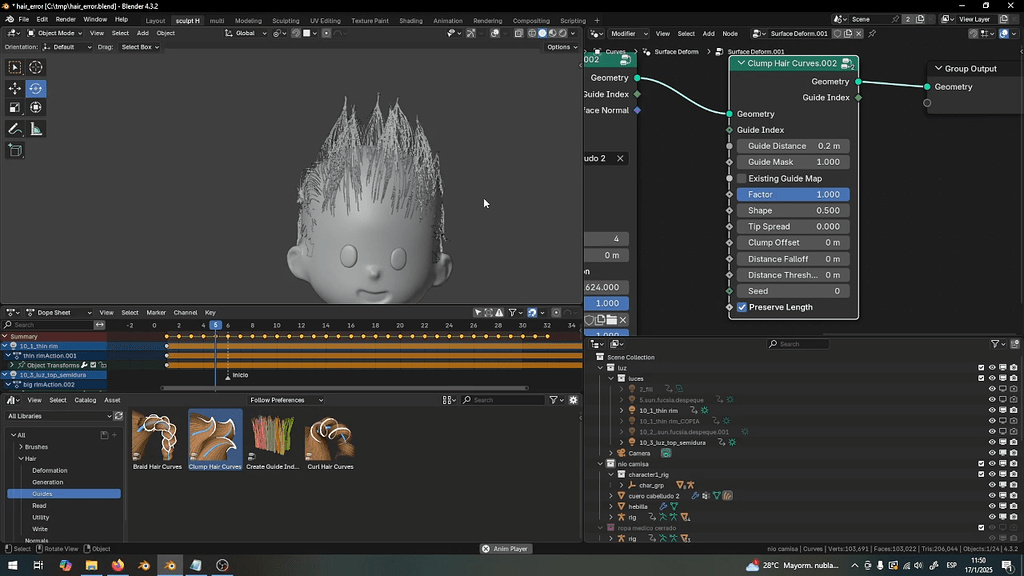 Jittering hair using Clump Hair Curve in Blender 4.3, help - Particles ...