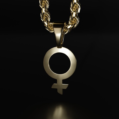 Closeup of a gold female Venus symbol pendant rendered in Cycles