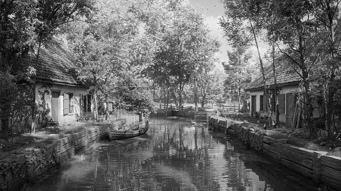 Cottages by the Water's Edge BnW 4K