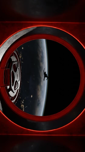 an open airlock hatch in outer space. In the distance is the rim of a planet and a human flying away in silhouette