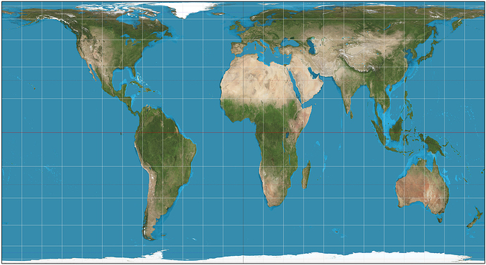 Cylindrical equal area projection applied to the Earth. Equator is vertically stretched to be longer, while poles are vertically compressed to be shorter. Area of regions is maintained this way.