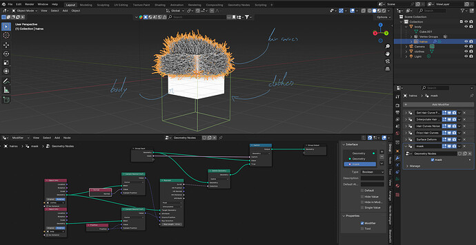 I cant mask out my hair in geometry node - Technical Support - Blender ...