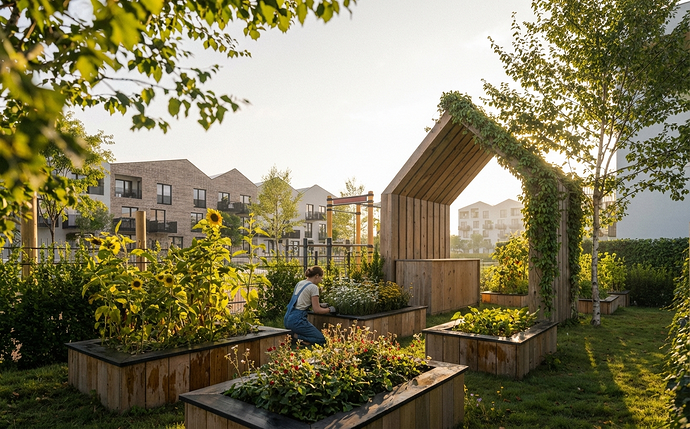A candid, photorealistic lifestyle shot of a neighborhood garden during golden hour. The lighting is warm and directional, creating soft shadows. A gardener works among lush, slightly overgrown raised beds filled with sunflowers and greens.