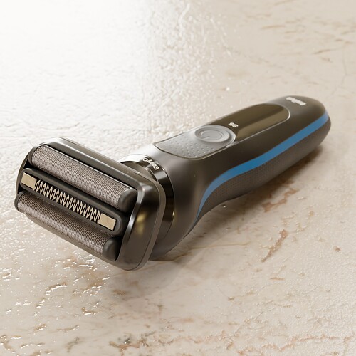 Top to bottom perspective render of a Braun S5 razor resting on a countertop surface