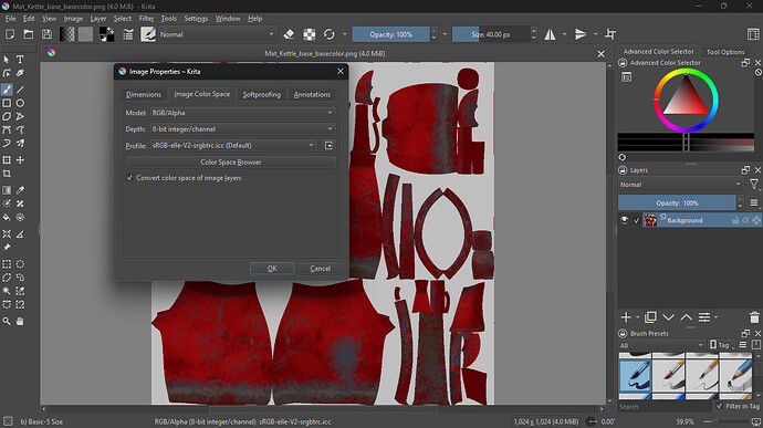 Basecolor texture image in Krita showing the color profiles