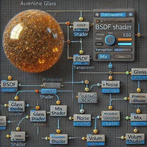 DALL·E 2025-02-03 07.24.54 - A detailed node setup screenshot for an Aventurine Glass shader in Blender, featuring a Principled BSDF shader with Transmission set to 1.0, Voronoi a