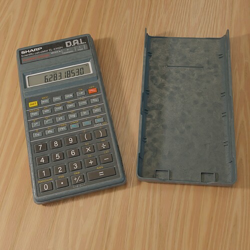 Sharp DAL calculator with removed cover overturned on top of wooden surface—top view