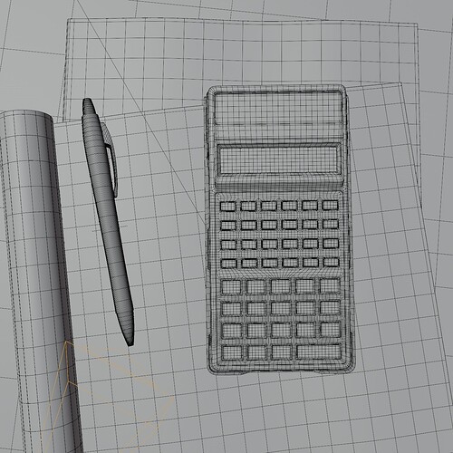 Sharp DAL calculator and pen on top of university exam blue books shaded wireframe—top view