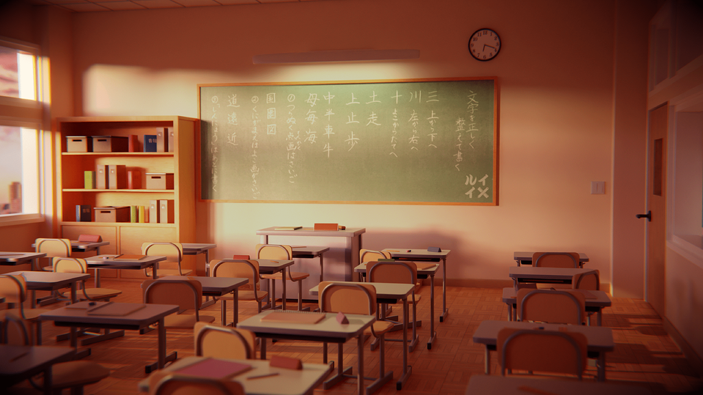 Isometric classroom anime art style, Sunset - 2D Anime Background. Stock  Illustration | Adobe Stock