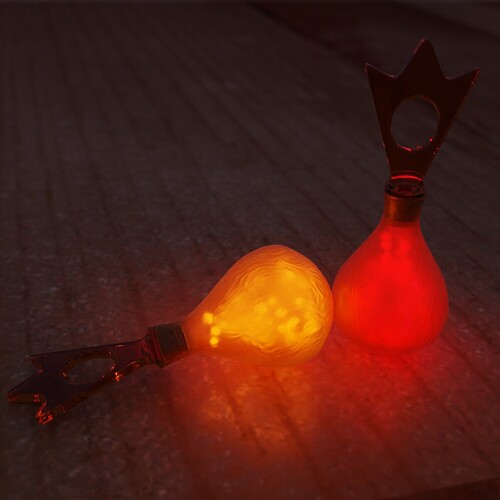 Two Yellow Bottles with Lights off (Orbs: Orange and Red)