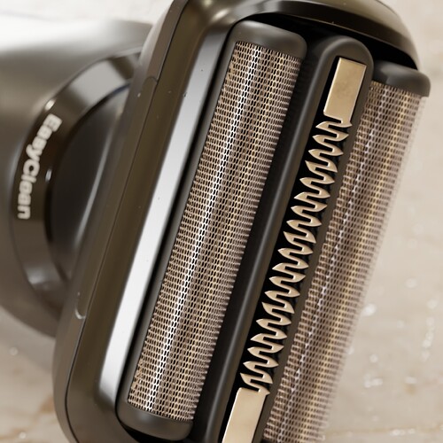 Close-up detail of procedurally textured electric razor foil and center comb.