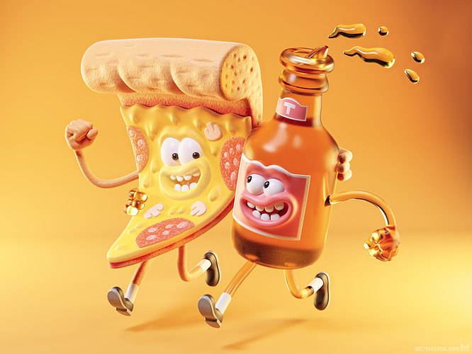 metin-seven_stylized-artistic-3d-illustrator-cartoon-character-designer_pizza-slice-beer-bottle