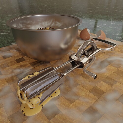 Cycles render of a hand mixer covered in raw cookie dough next to a broken egg shell and a bowl of raw cookie dough, on top of a flour covered wooden cutting board