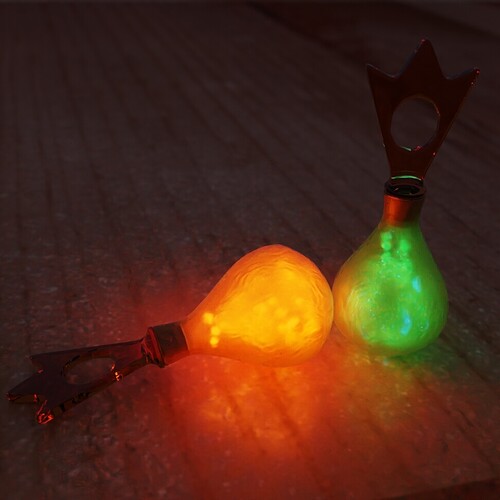 Two Yellow Bottles with Lights off (Orbs: Light Orange and Green)