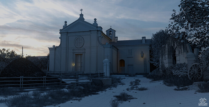 Cristian-Boiardi---A-church-at-sunset-in-the-18th-century-in-Romagna--wireframe-