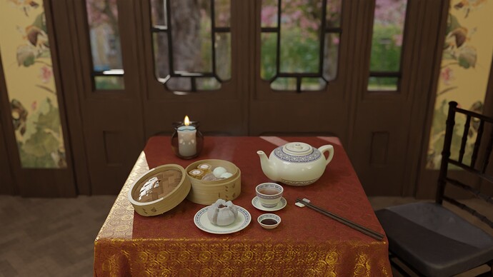 Dim sum scene cycles render focusing on table in Chinese tea house
