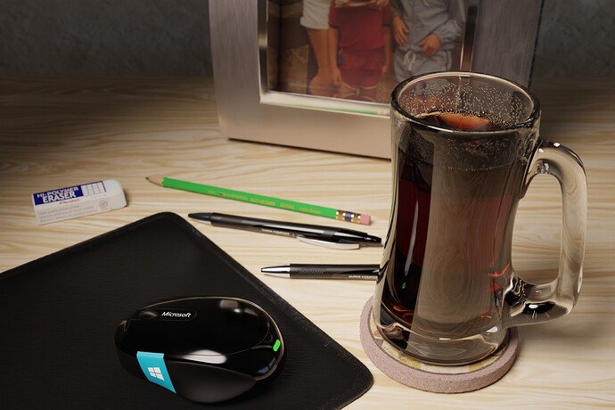 Cycles render of coffee in a glass beer mug, computer mouse, mouse pad, pens, a pencil, an eraser, and a framed photograph