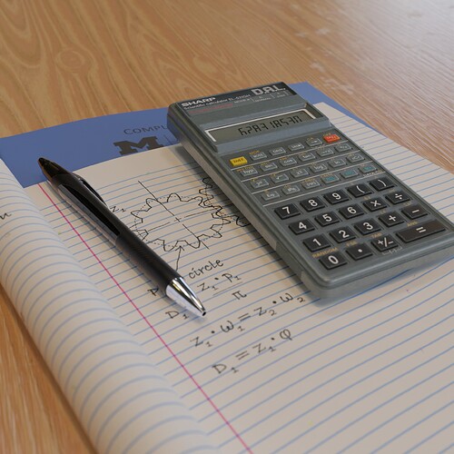 Sharp DAL calculator and pen on top of university exam blue books and wooden surface—perspective view