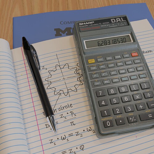 Sharp DAL calculator and pen on top of university exam blue books and wooden surface—top view
