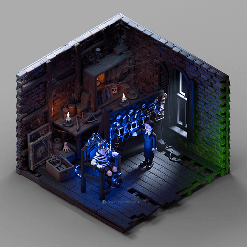 Render of Pugsley Addams strapped in an electric chair and Wednesday Addams electrocuting him in an attic.
