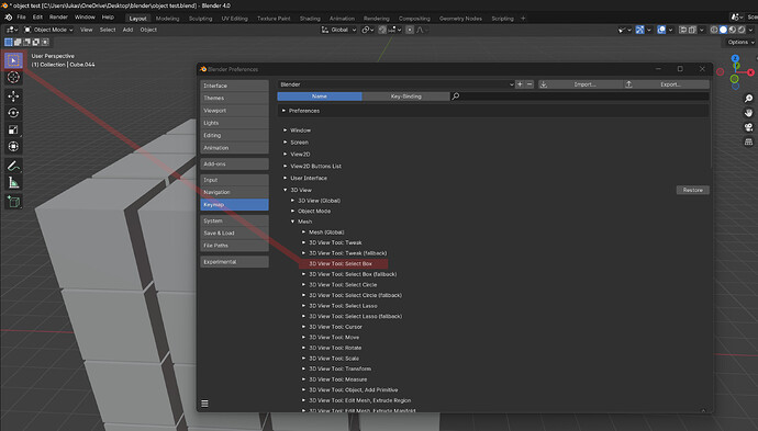 03 Edit Preferences Keymap 3D View Mesh Box Select Keymap