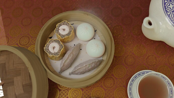 Bird's eye view of single steamer full of dim sum dumplings with tea on patterned tablecloth