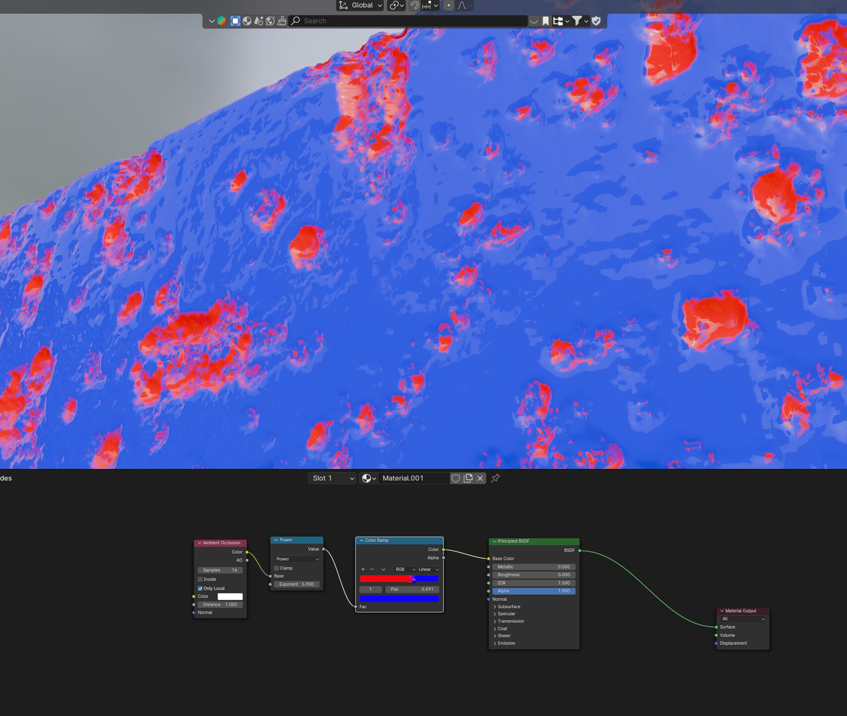 Change color AND roughness with the depth/height of the mesh ...