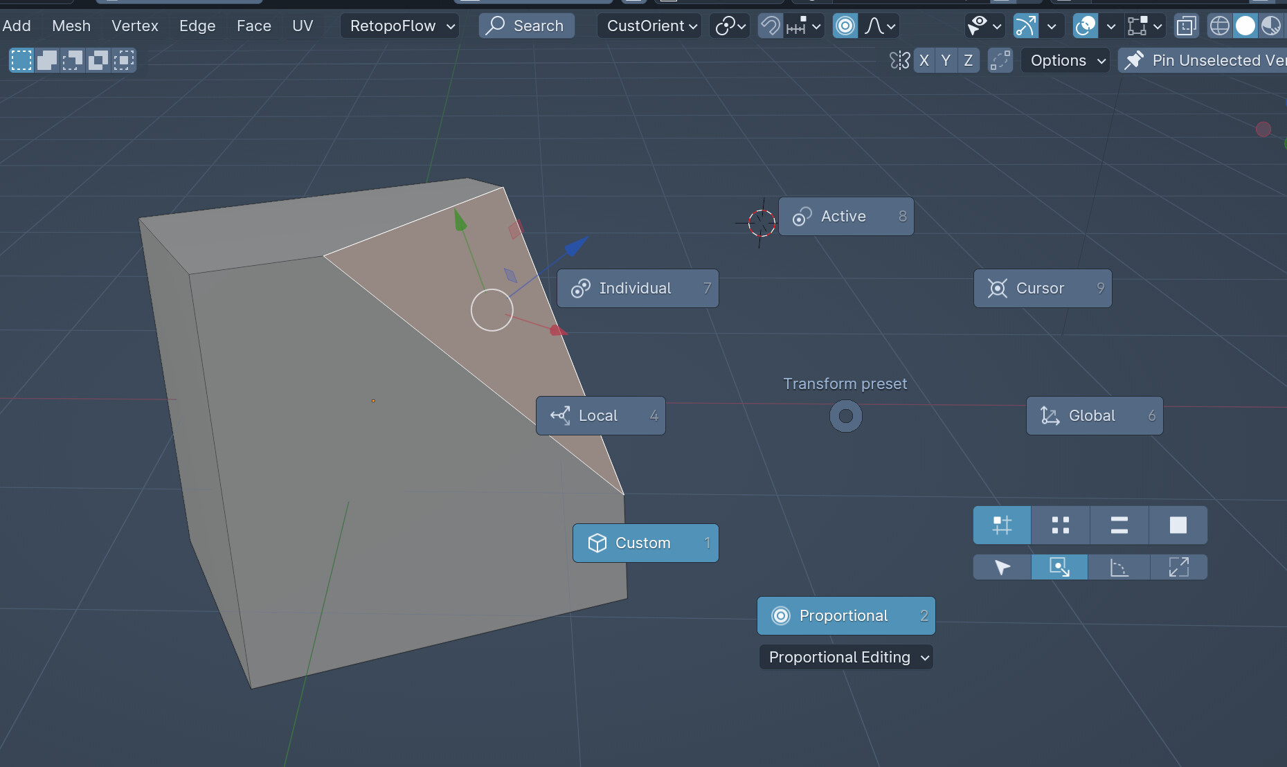 A Transform Preset pie combining orientation, pivot, snapping, and proportional editing