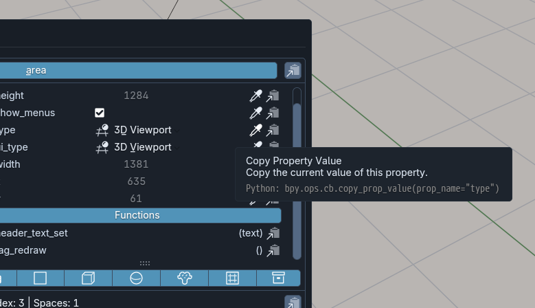Context Browser inspecting Blender's active area and exposing a property's path and value